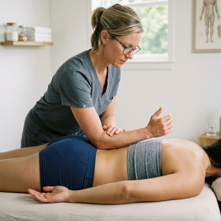 A structural integrator providing a treatment to a woman on a massage table.