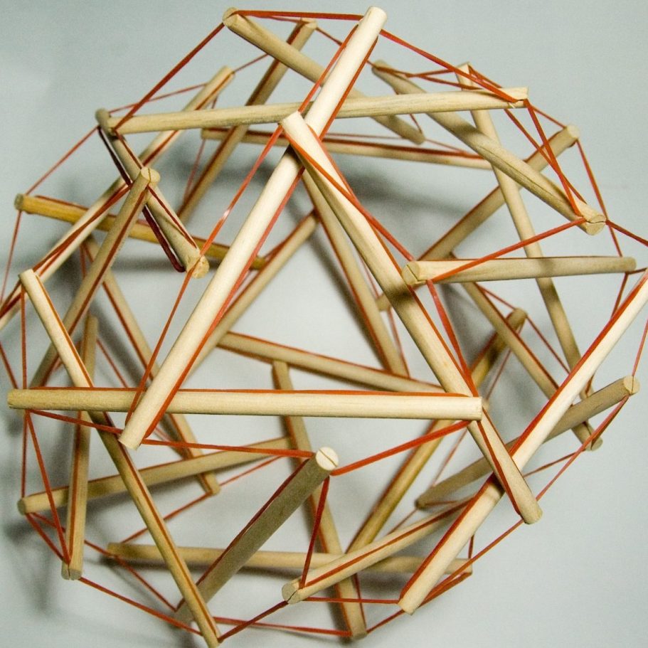 Tensegrity structure with wooden rods held in suspension by string